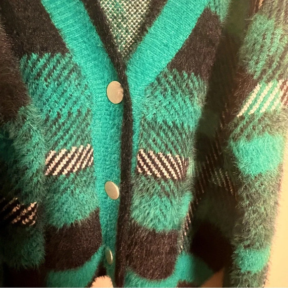 Umgee Plaid Herringbone Preppy Quirky Fuzzy Y2K Snap Button Cardigan Sweater Lg - Picture 7 of 12